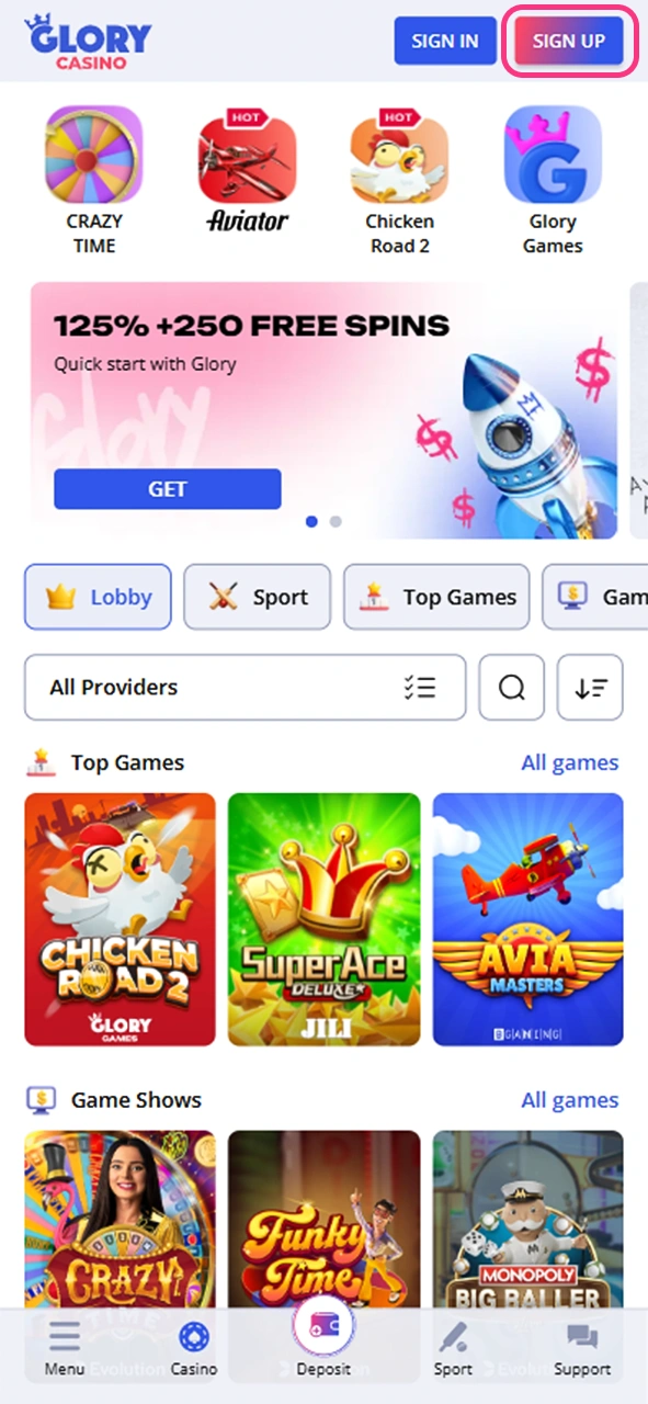 Go to Glory Casino main page and find sign up button.