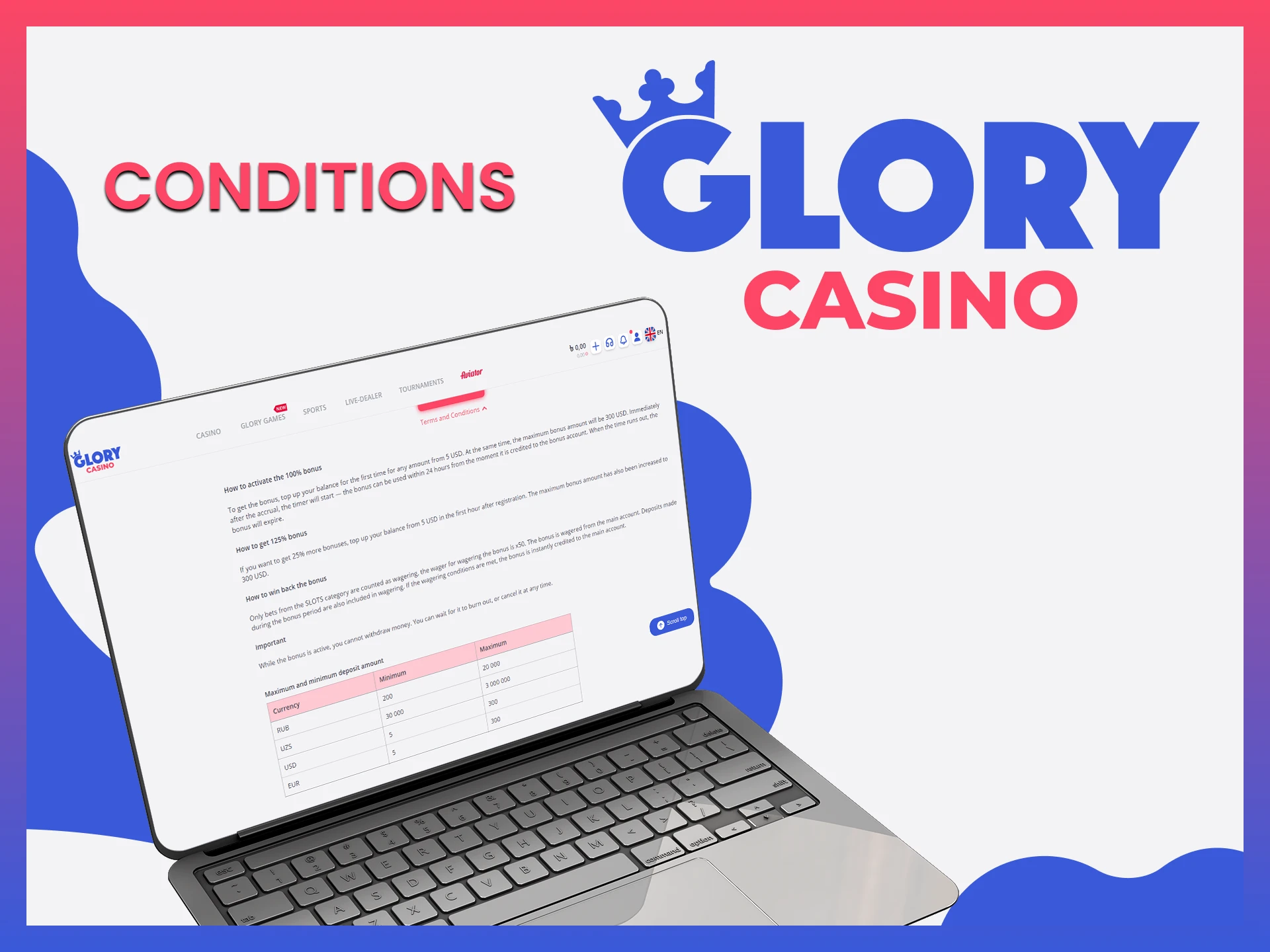 Find out what conditions you need to fulfil to claim your bonus at Glory Casino.