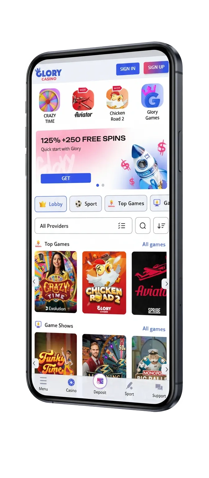 Smartphones showing Glory Casino app for Android and iOS in Bangladesh with English/Bengali and bKash, Nagad, PayFix logos