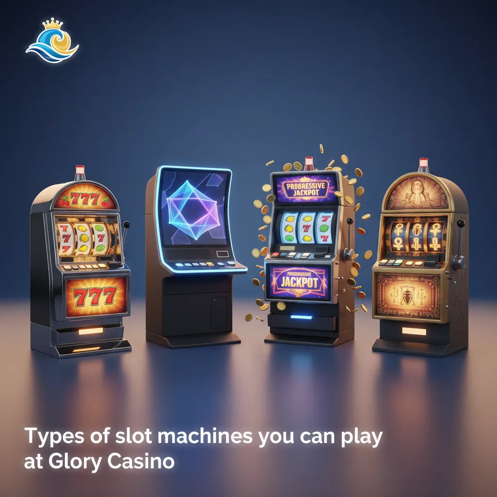 Infographic showing slot types at Glory Casino: classic 3-reel, video, Megaways, Cluster Pays, Hold & Win, jackpots.