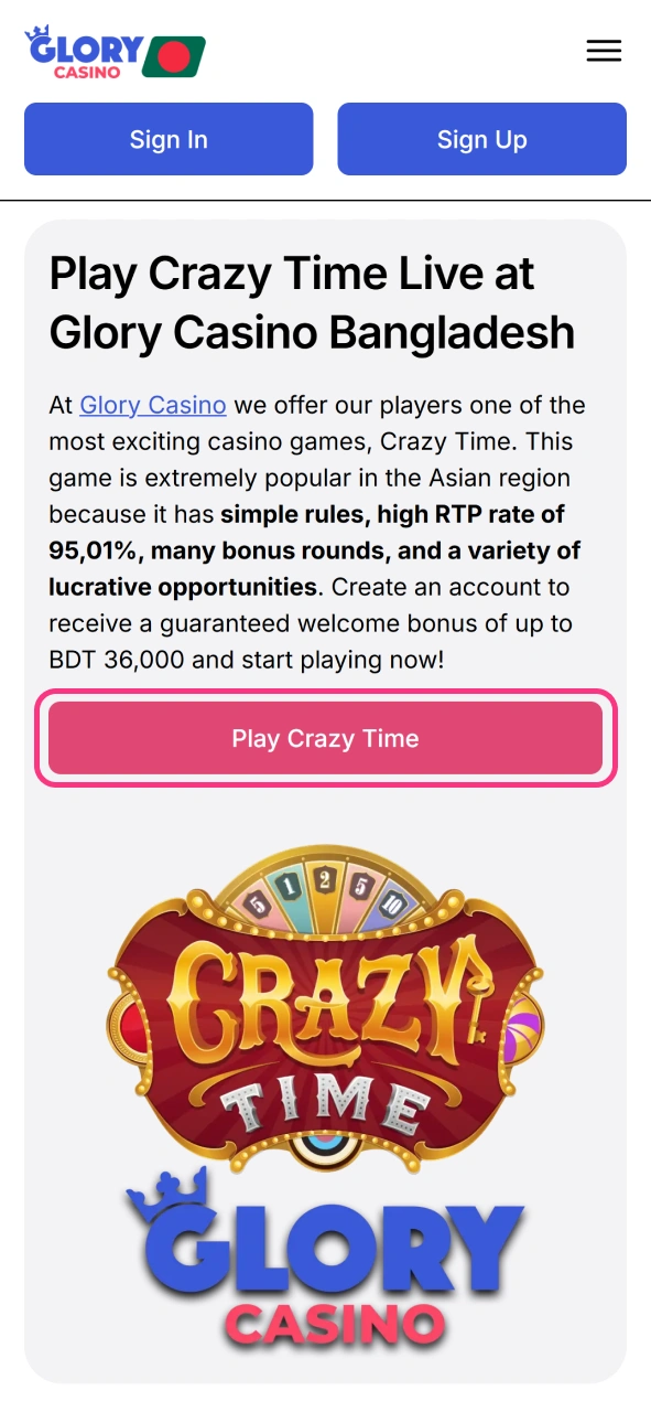 Click this button to join Glory Casino and play Crazy Time.