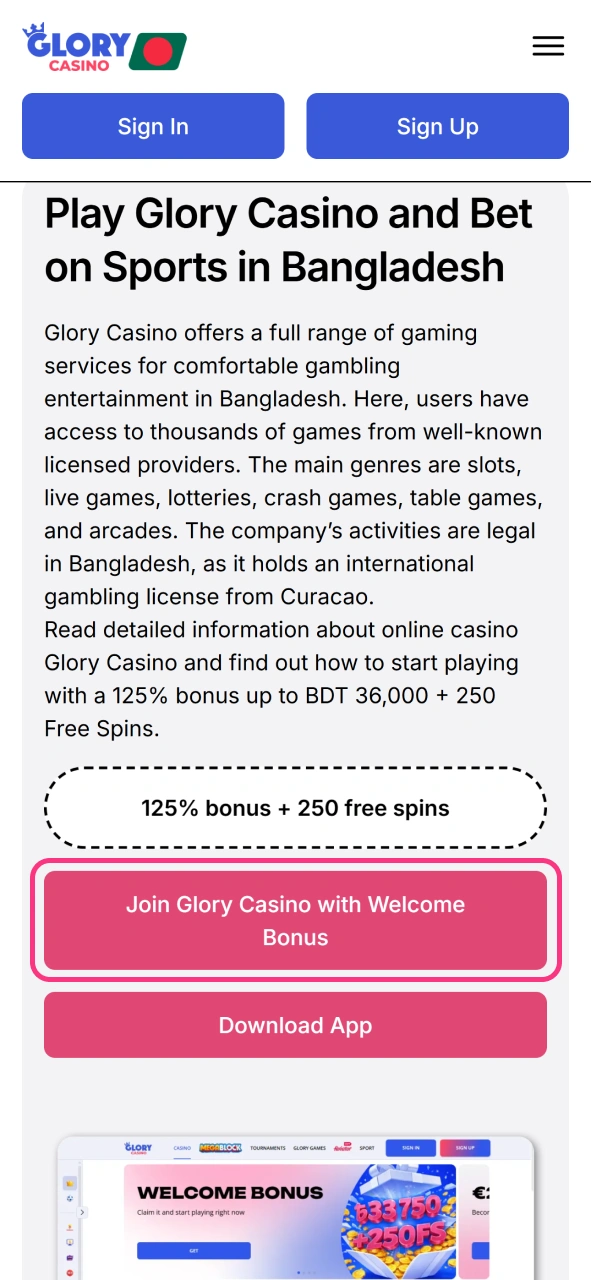 Tap this button to open Glory Casino registration form.